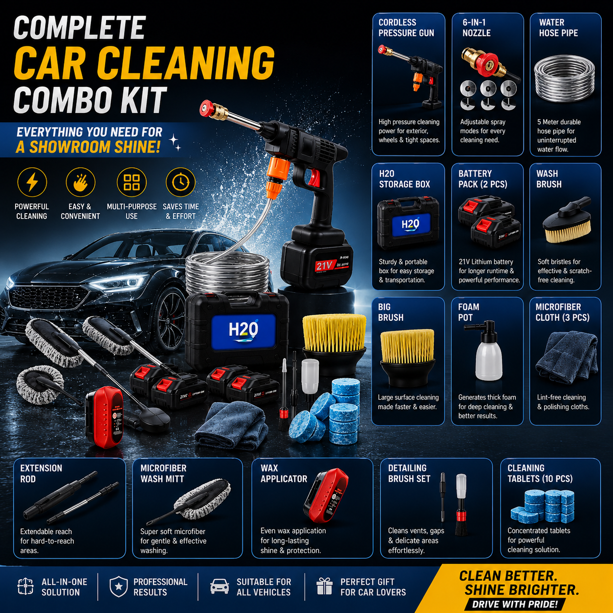 H2O Easy Wireless Vehicle Cleaning Kit | Portable Battery Car Washer with Full Cleaning Accessories