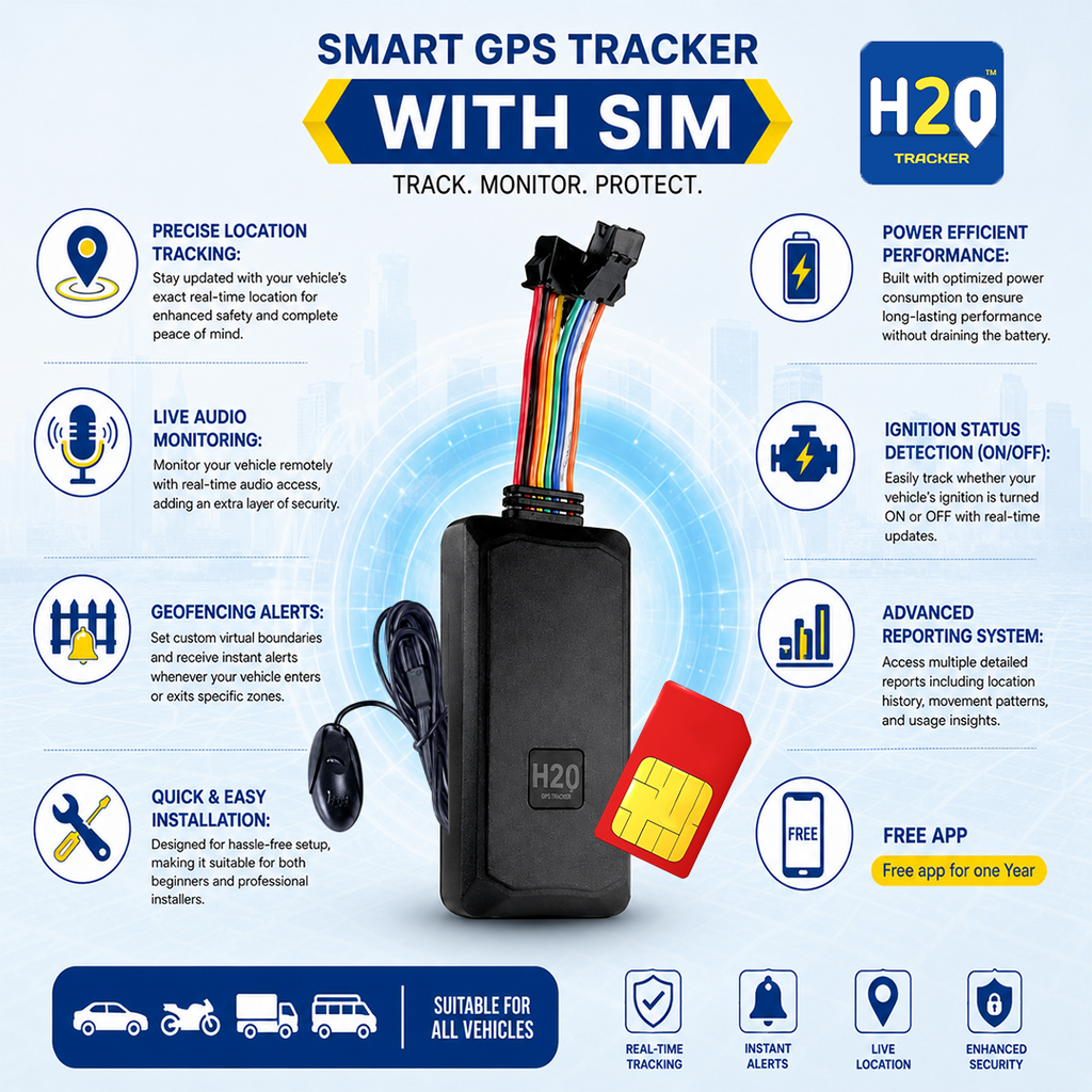 H2O Vehicle Tracker GPS | GPS Tracker + Audio Monitor | Multiple Report | Over Speed Alert | Theft Alert | Live Audio Monitoring |Include Sim Card